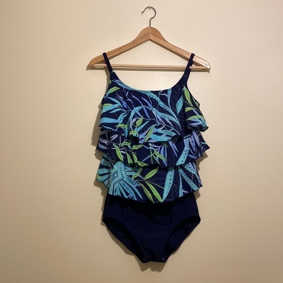 T.H.E. Palm print navy one piece swimwear. Size 12. New. - Picture 3 of 12